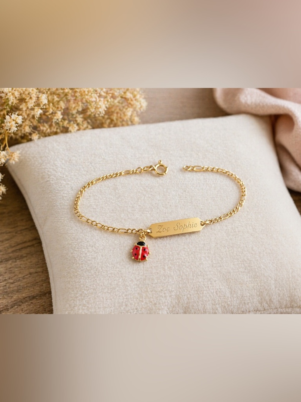 SOLD.  14K Gold Child ID Bracelet Zoe Sophie Ladybug Charm 585 Figaro Chain 2mm